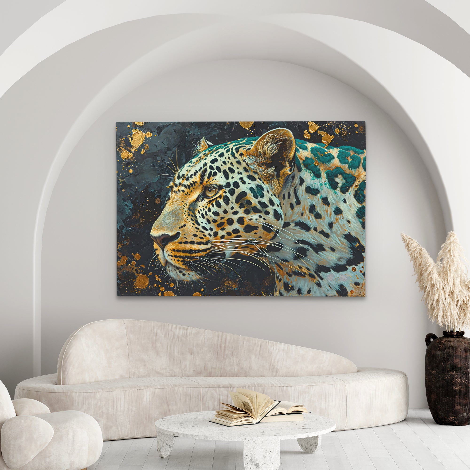 a painting of a leopard on a black background