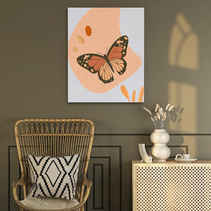 a painting of a butterfly on a wall next to a chair