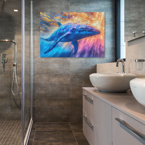 a bathroom with two sinks and a painting on the wall