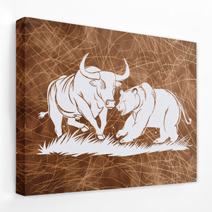 a drawing of a bull and a bear on a brown background