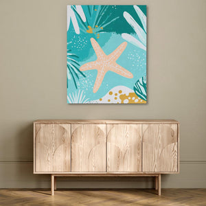 a painting of a starfish on a wall above a wooden cabinet