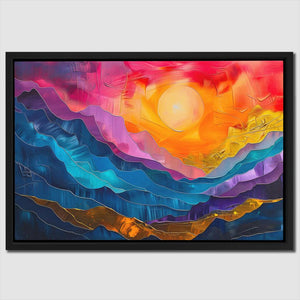 a painting of a sunset over a mountain range