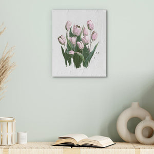 a painting of pink tulips on a green wall