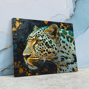 a painting of a leopard on a blue background