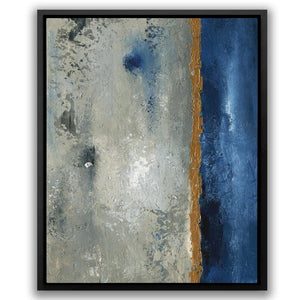 an abstract painting with blue and brown colors