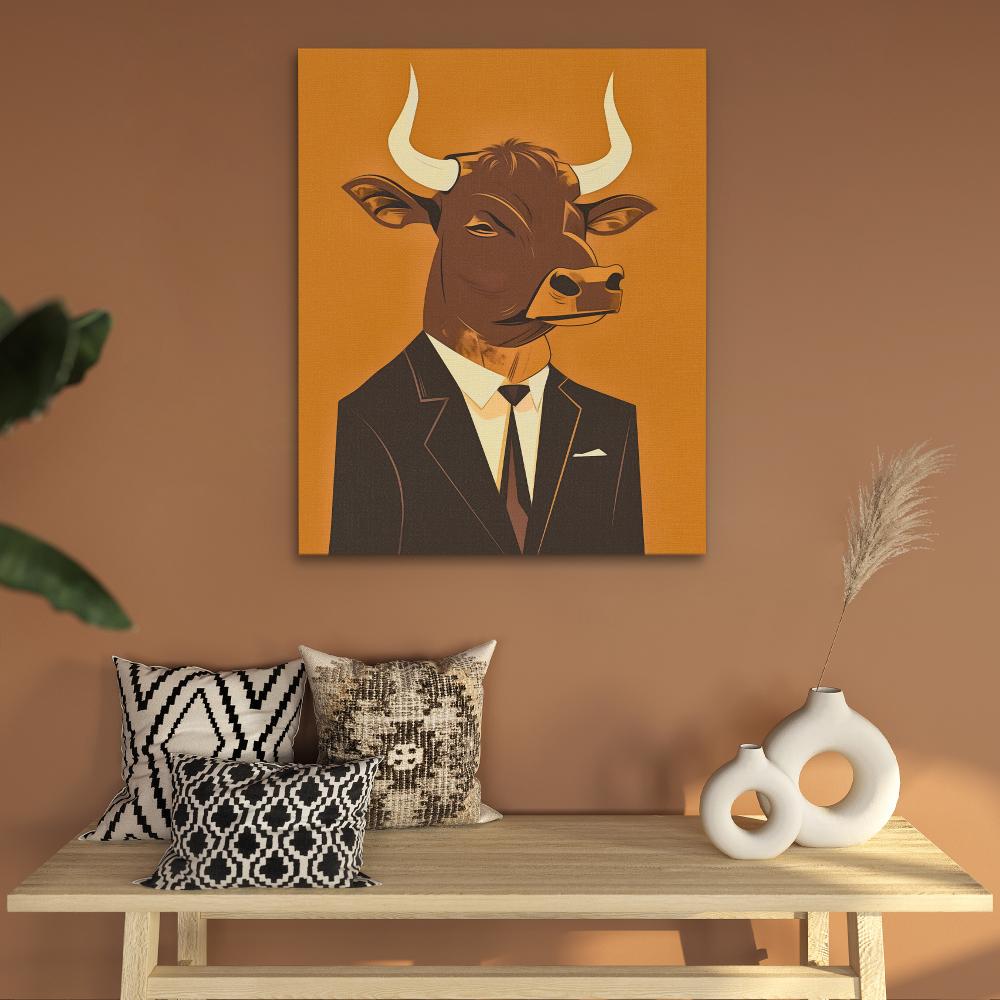 a painting of a bull wearing a suit and tie