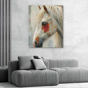 a painting of a white horse with red spots on its face