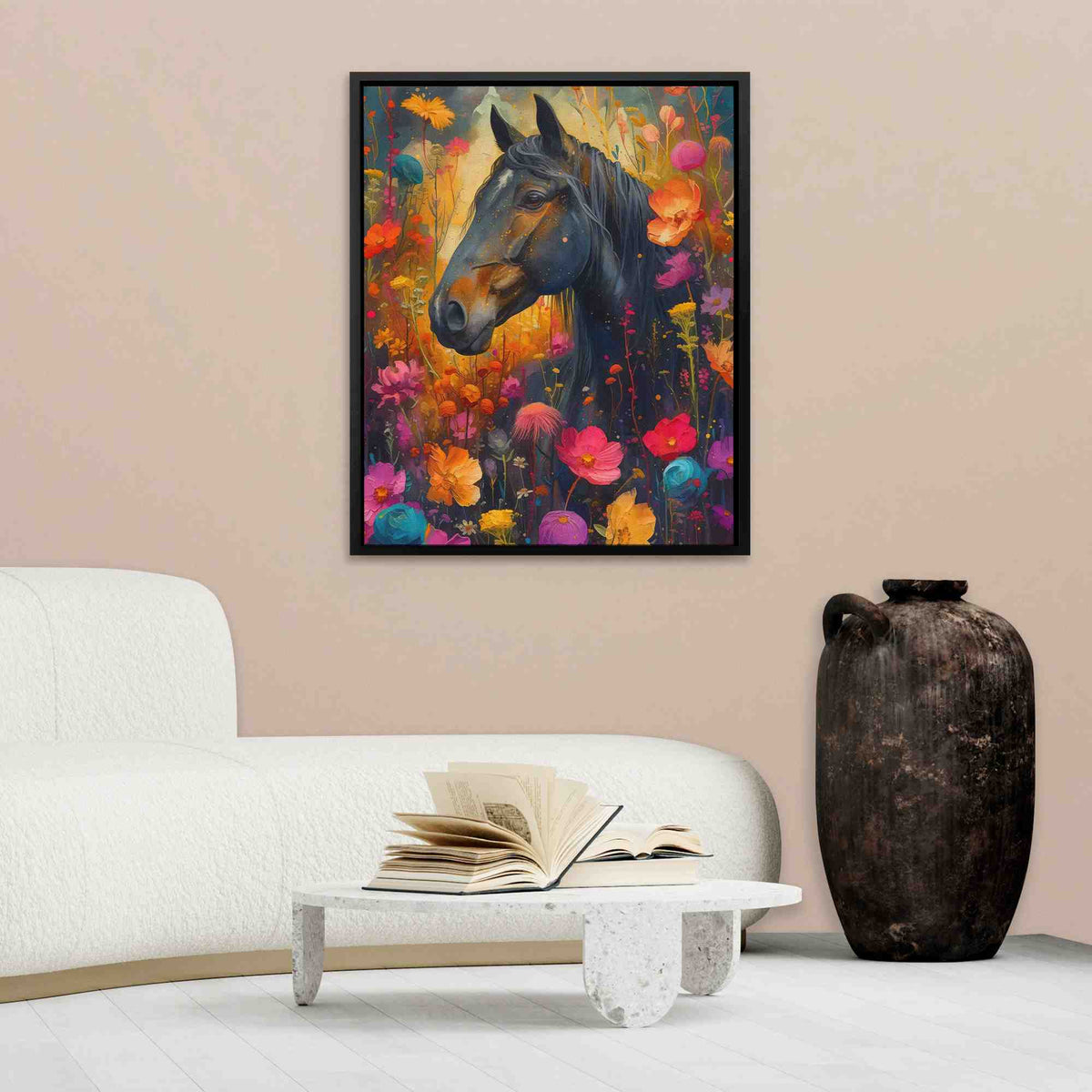 a painting of a horse in a living room
