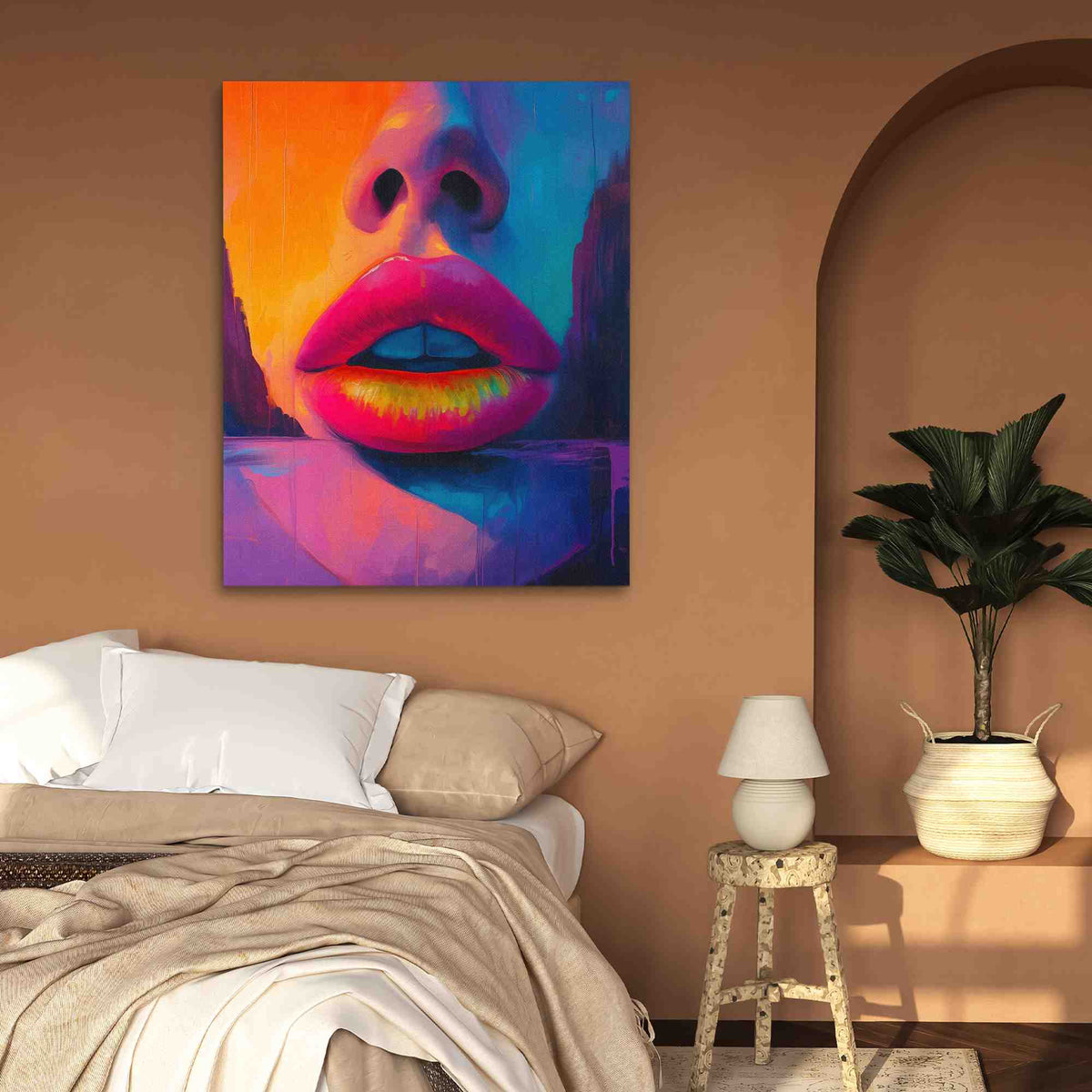 a painting of a woman&#39;s face on a wall above a bed