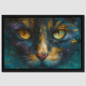 a painting of a cat with yellow eyes