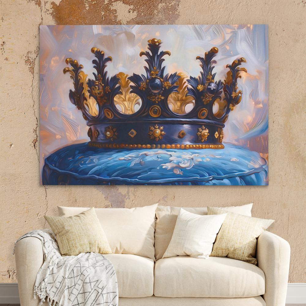 a painting of a crown on a blue cushion