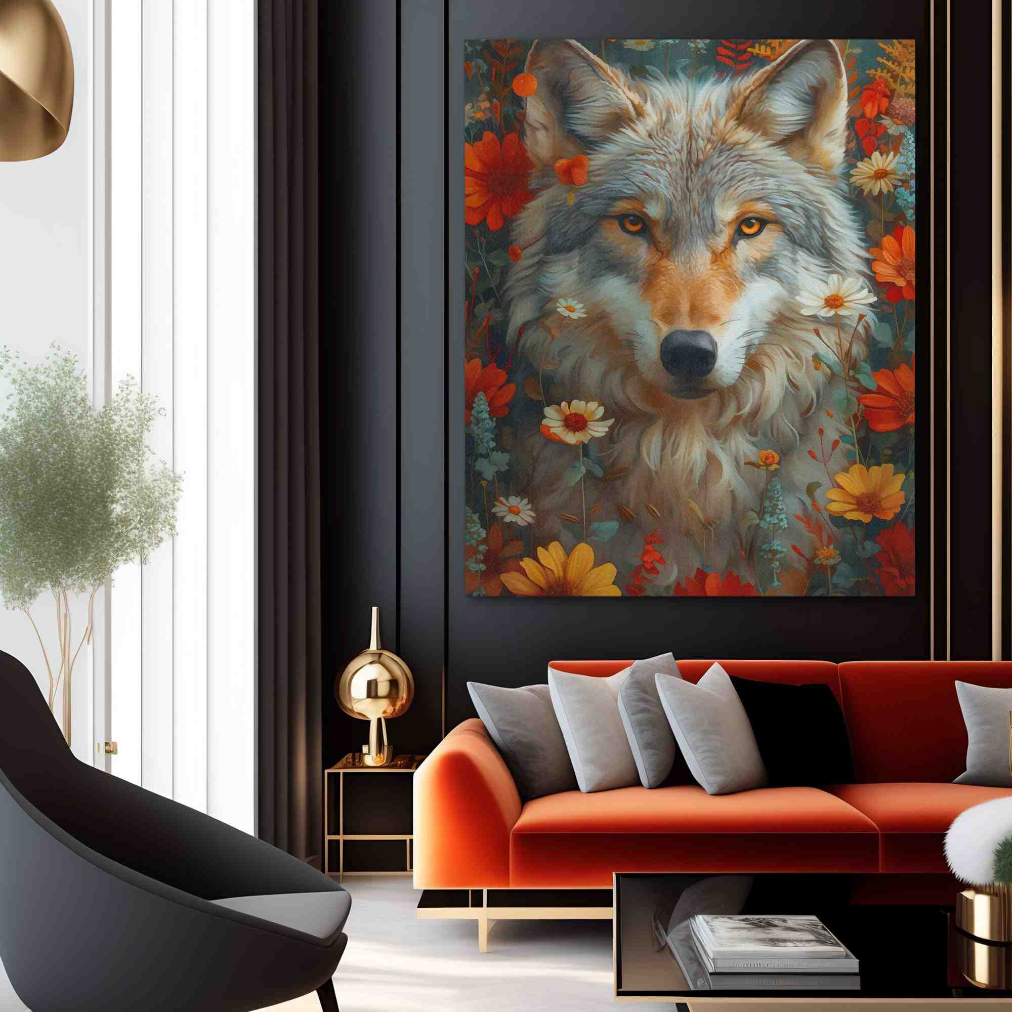 a painting of a wolf surrounded by flowers