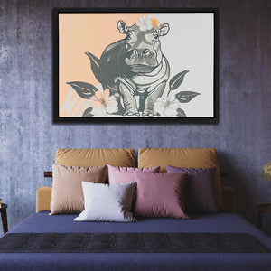 Hippo Flower Dance with Floral Accents Art Print - Luxury Wall Art 