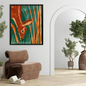 a living room with a chair and a painting on the wall