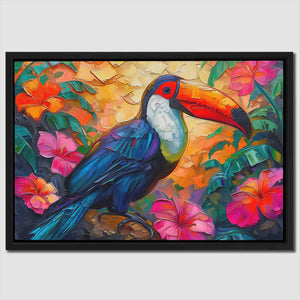 a painting of a toucan bird on a flowery branch
