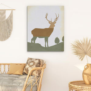 a painting of a deer on a wall next to a wicker chair