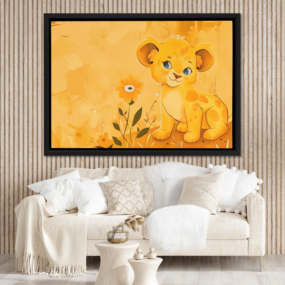 a painting of a lion cub sitting in a field of flowers