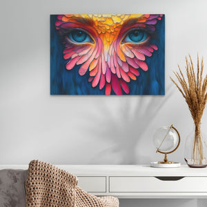 a painting of a colorful bird with blue eyes