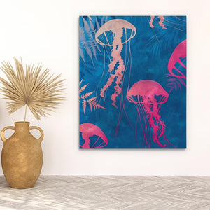 a vase with a plant and a painting of jellyfish