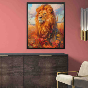 a painting of a lion in a living room