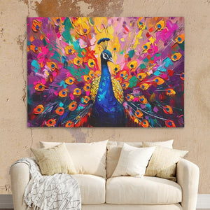 a painting of a peacock on a wall above a couch