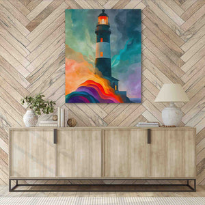 a painting of a lighthouse on a wall