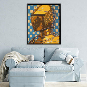 a blue couch with a painting of a robot on it