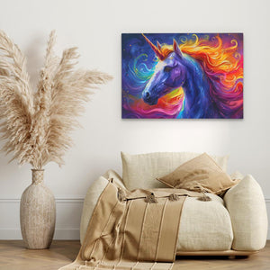 a painting of a unicorn on a wall above a couch