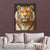 a living room with a couch and a painting of a tiger