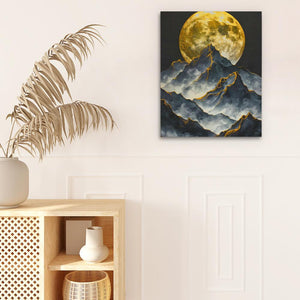 a painting of a mountain range with a full moon