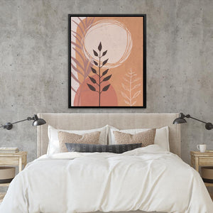 a bed with a white comforter and a painting on the wall