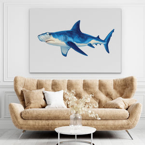 a living room with a couch and a shark painting on the wall