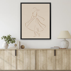 a drawing of a woman in a dress on a wall above a dresser