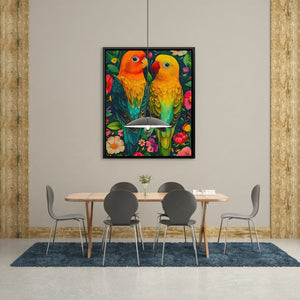 a painting of two parrots sitting on top of a table