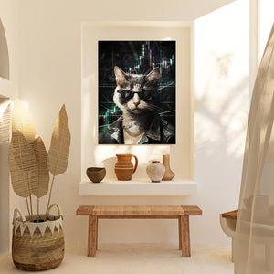 a picture of a cat on a wall in a room