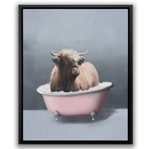 a painting of a cow sitting in a bathtub