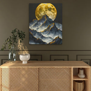 a painting of a mountain with a full moon