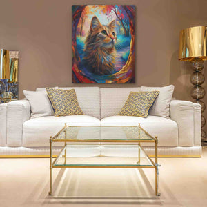 a living room with a white couch and a painting on the wall