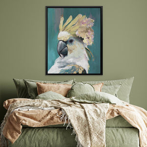 a painting of a parrot on a green wall above a bed