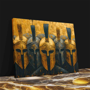 a painting of a group of spartan helmets