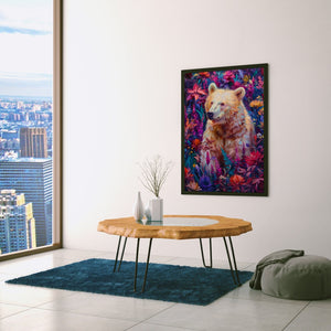 a living room with a table and a painting on the wall