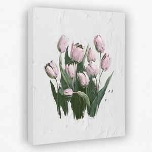 a painting of pink tulips on a white background