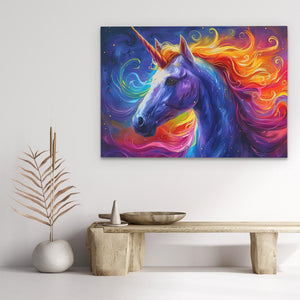 a painting of a colorful unicorn on a white wall