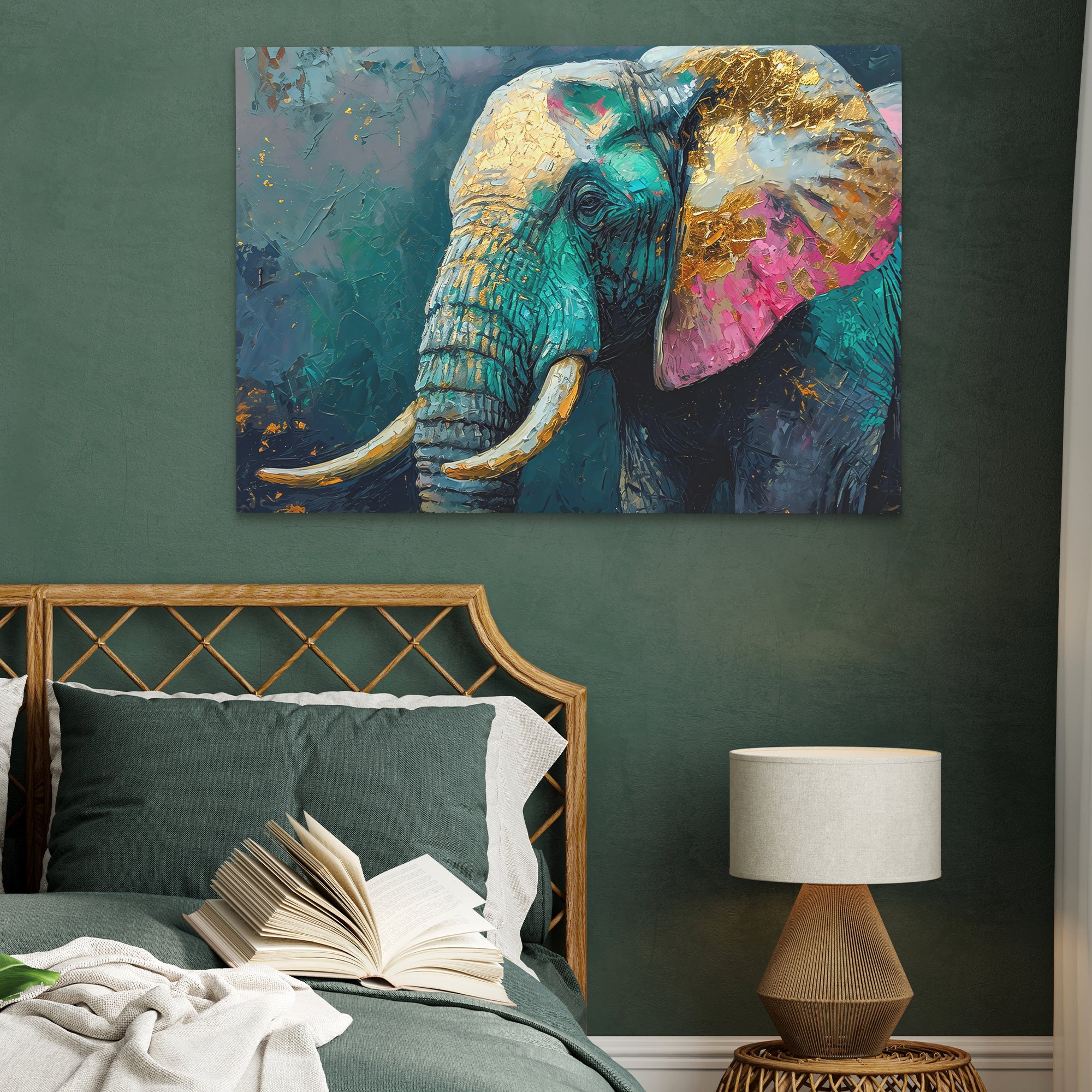 a painting of an elephant with gold tusks