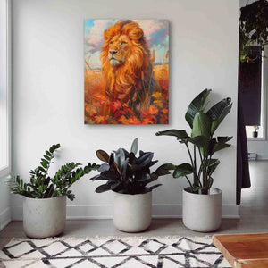 a painting of a lion on a wall next to potted plants