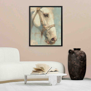 a painting of a white horse in a living room