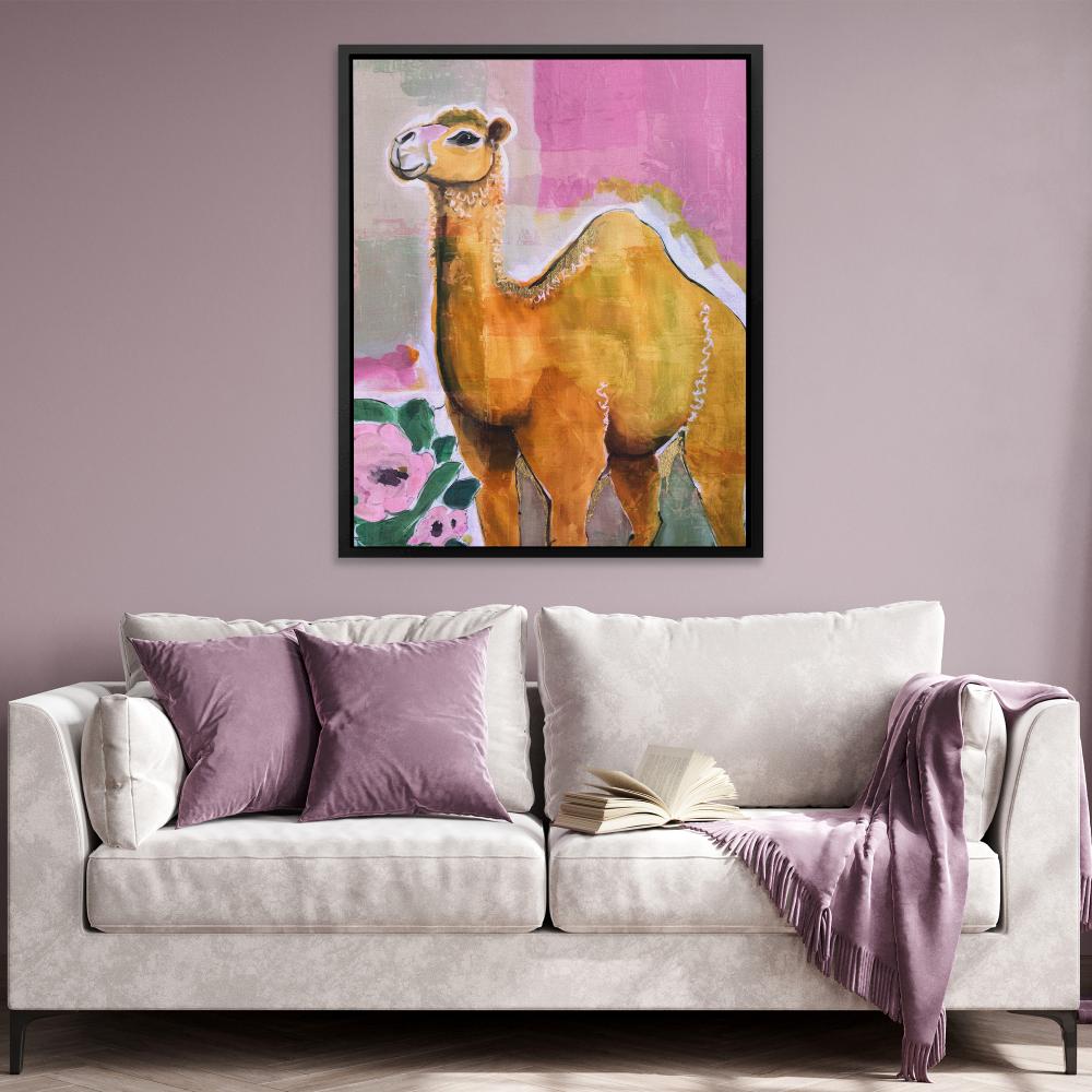 a painting of a camel on a pink background