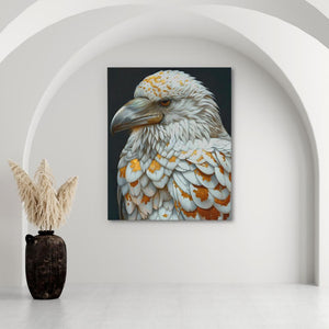 a painting of a bird on a wall next to a vase