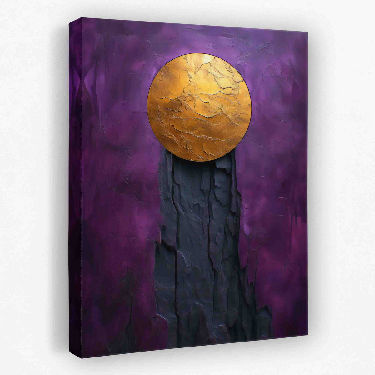 a painting of a gold disc on a purple background