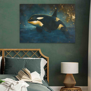 a painting of an orca on a wall above a bed